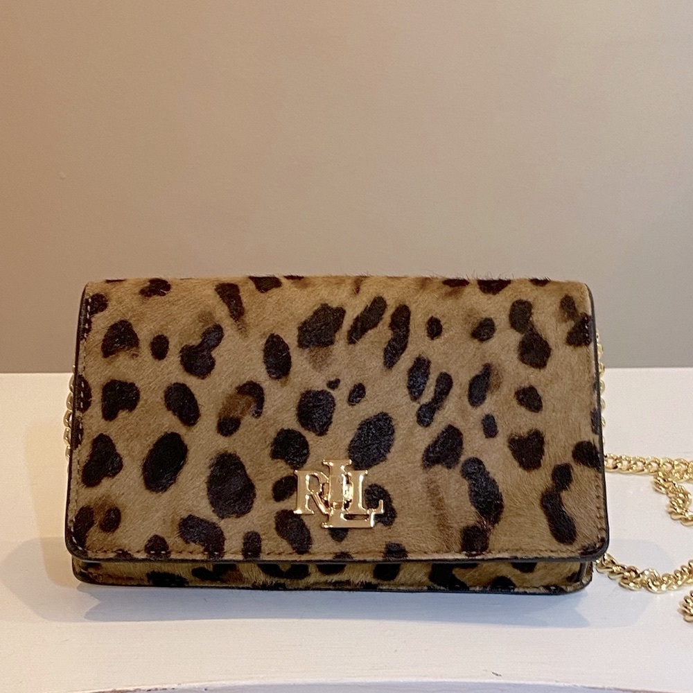 NWOT Lauren Ralph Lauren Leather Calf Hair Leopard Chain Crossbody Tech Bag $225